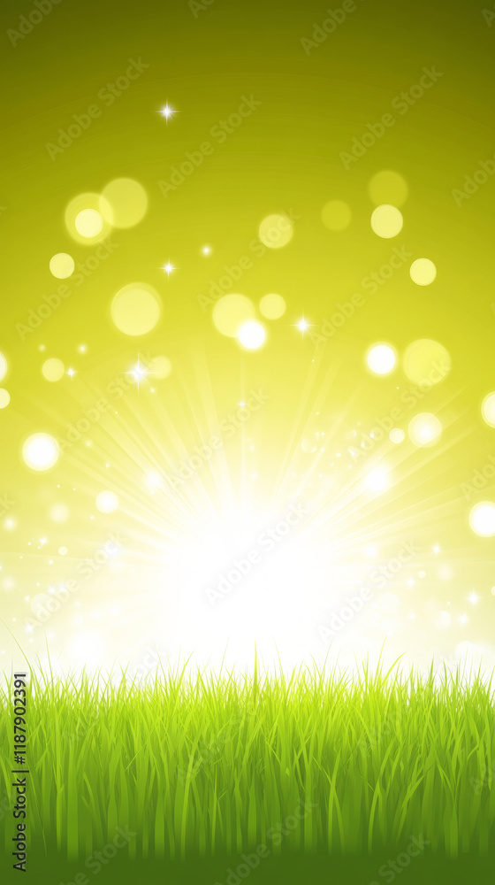 Bright sunburst over green grass with glowing bokeh Bright sunburst over green grass with glowing bokeh