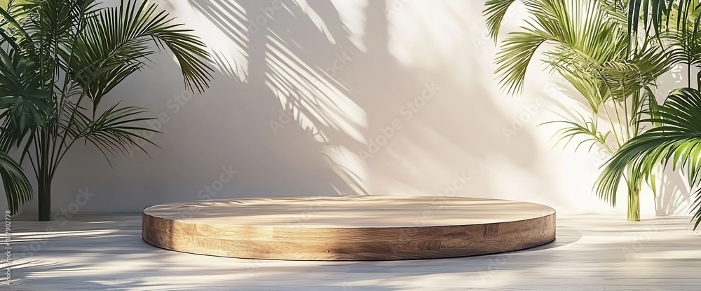 Obraz premium Wooden round podium with palm leaves shadows on neutral background.