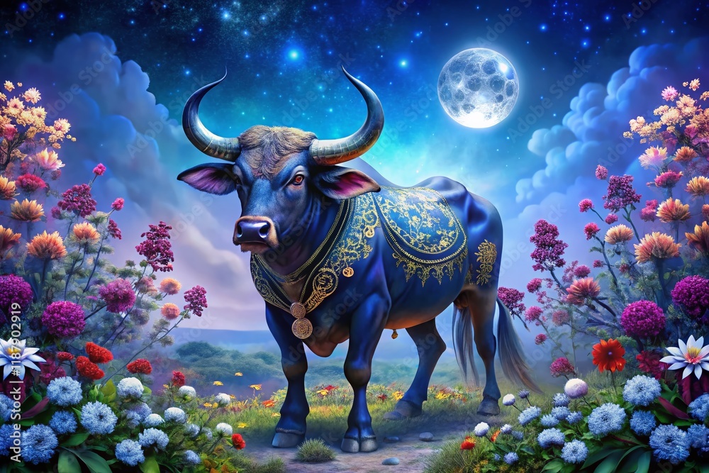 Night Bloom: Ox Zodiac Symbol with Flowers - Year of the Ox Night Bloom: Ox Zodiac Symbol with Flowers - Year of the Ox