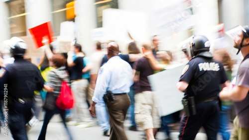 Civil Unrest Blur – A blurred image showcasing a scene of civil unrest with protestors and police.
