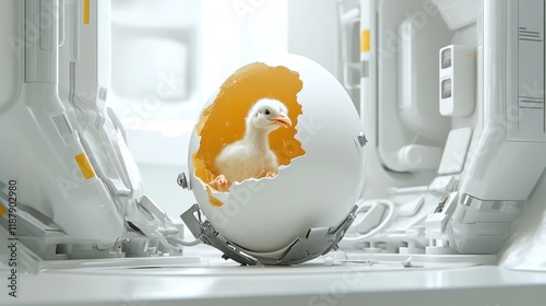 A chick hatching from an egg in a futuristic, sterile environment. photo