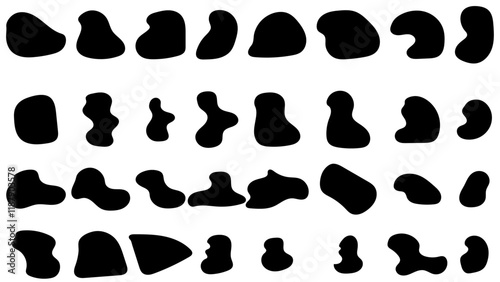 Blob shape organic set. Random black cube drops shapes. Liquid silhouette drop in modern style. Pebble, inkblot, drops and stone silhouettes transparent background. vector illustration