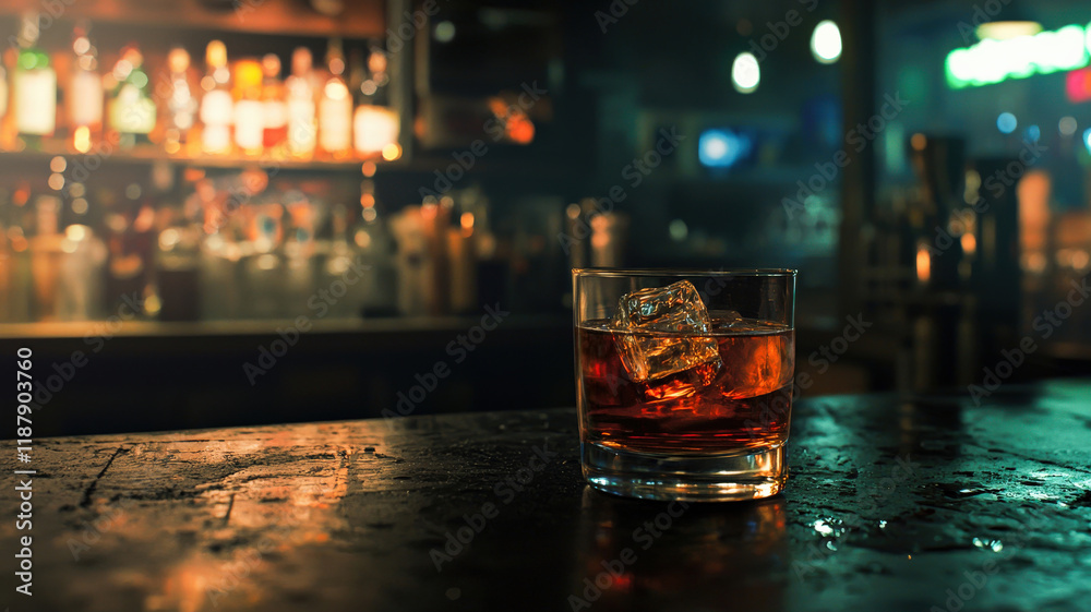 Classic Sazerac New Orleans Bar. Rye whiskey cocktail with absinthe & bitters. Dimly lit, vintage bar setting. Sophisticated & moody drink scene