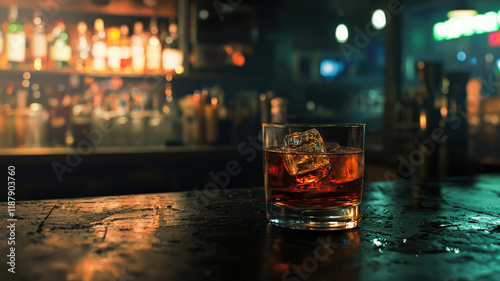 Obraz na płótnie Classic Sazerac New Orleans Bar. Rye whiskey cocktail with absinthe & bitters. Dimly lit, vintage bar setting. Sophisticated & moody drink scene w salonie