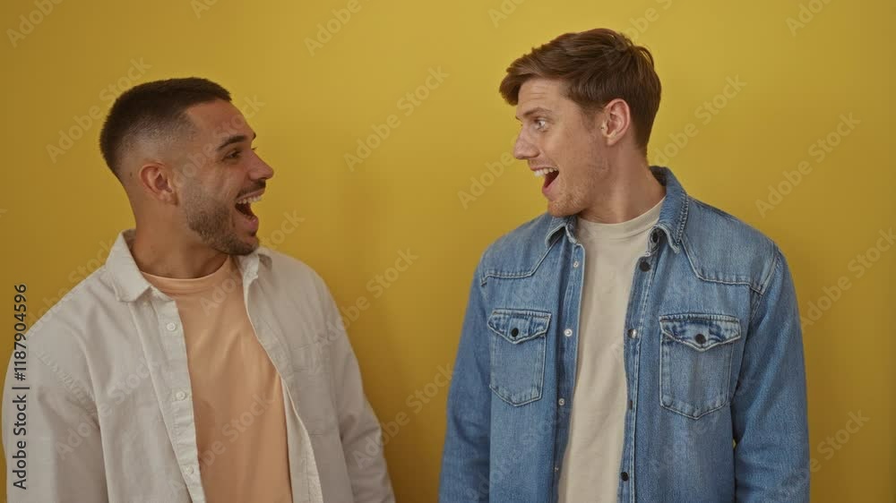 Two happy men smiling and laughing in front of a yellow background, showcasing their friendship and joy in an isolated setting. Two happy men smiling and laughing in front of a yellow background, showcasing their friendship and joy in an isolated setting.