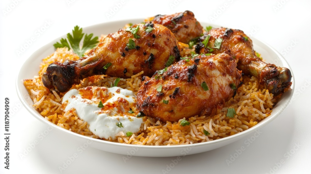 Isolated side view of chicken biryani with yogurt on white background traditional spicy indian food Pakistani fried rice Ramadan dinner or iftar meal Isolated side view of chicken biryani with yogurt on white background traditional spicy indian food Pakistani fried rice Ramadan dinner or iftar meal