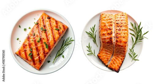 Grilled salmon steak placed on a white plate, PNG file. Generative AI