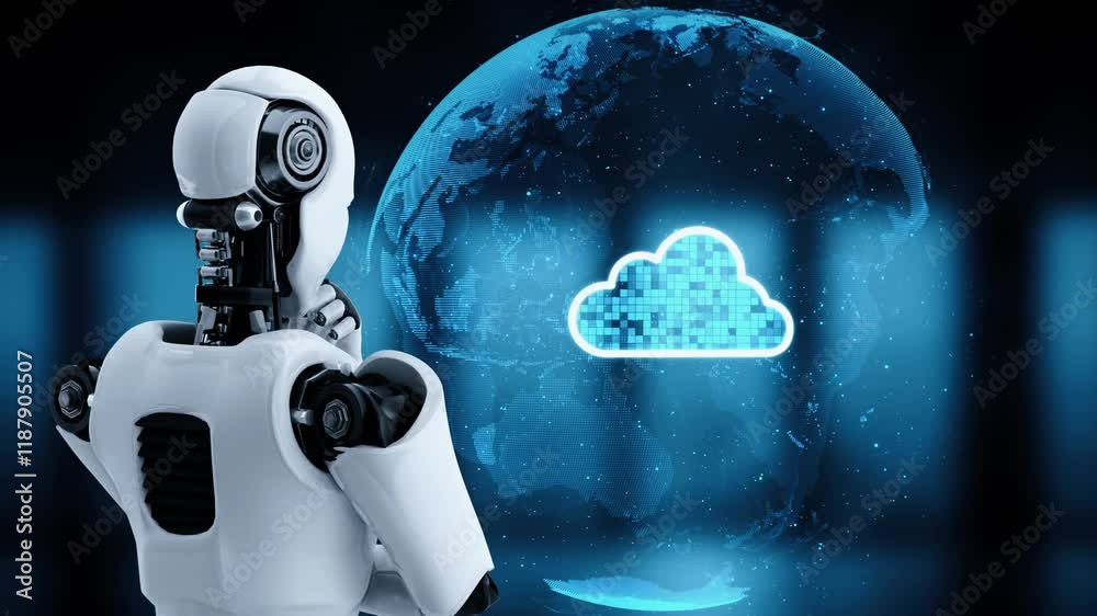 AI robot huminoid uses cloud computing technology to store data on online server . Futuristic concept of cloud information storage analyzed by machine learning process . 3D rendering .