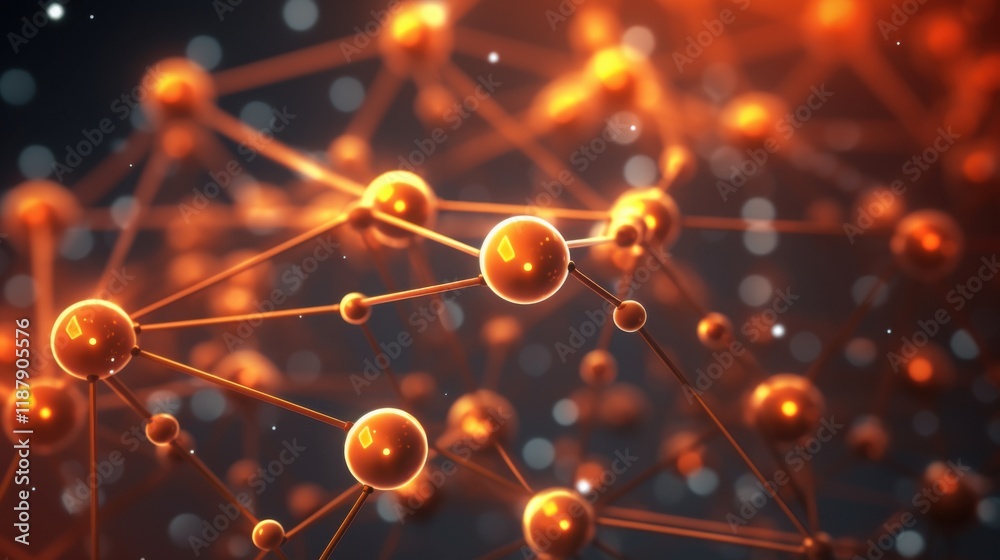 Obraz premium 3d illustration of an abstract atom or molecule structure background, scientific and medical concept with glowing particles 