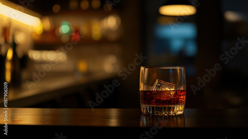 Classic Sazerac New Orleans Bar. Rye whiskey cocktail with absinthe & bitters. Dimly lit, vintage bar setting.  Sophisticated & moody drink scene