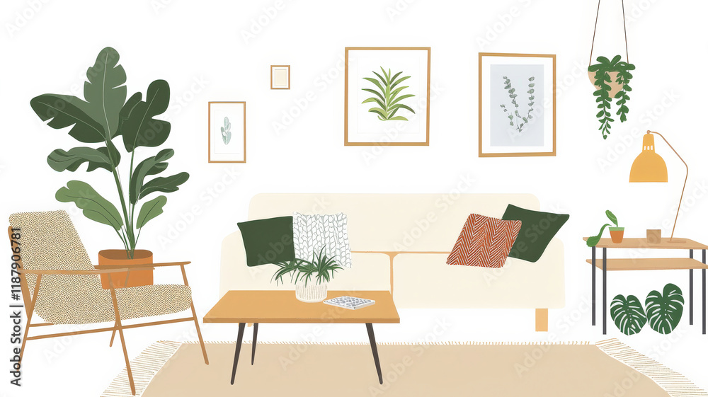 Fototapeta premium Scandinavian Living Room. Light wood furniture, white walls, cozy textiles. Bright & minimalist Nordic interior. Simple & comfortable home design