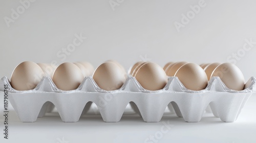 Carton of light brown eggs on white background. photo