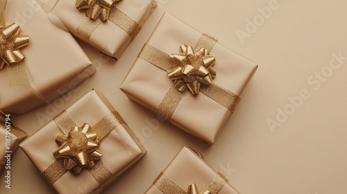 Elegant champagne-colored wrapped gift packages with golden ribbon bow, top view, isolated on beige background, perfect for christmas greeting cards and holiday gifts photo