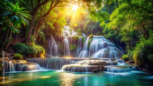 A lush jungle's 4K shimmering waterfall, bokeh-enhanced, high-resolution nature film still.