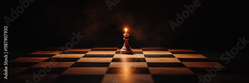 A solitary white chess piece illuminated by candlelight, symbolizing strategy, focus, and the battle between light and darkness on a chessboard.