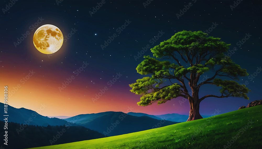 Fototapeta premium landscape tree with glow moon desktop wallpaper, pc wallpaper 4k