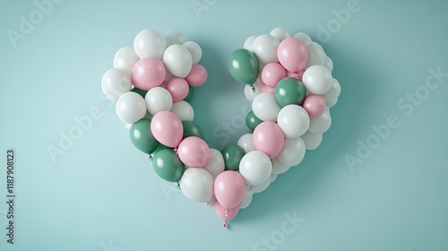 Multicolored heart-shaped balloons in pink, white, and green for romantic celebrations, 3d render with copy-space photo