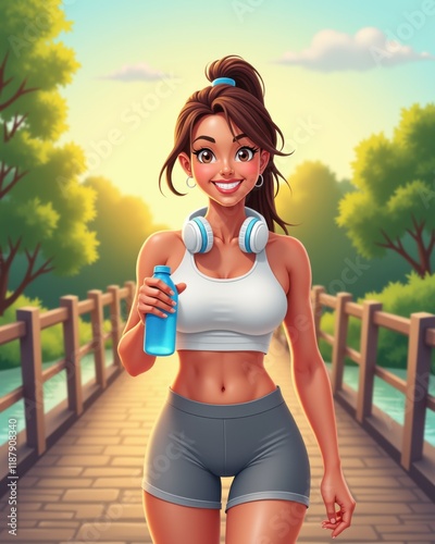 Illustration of a cheerful athletic woman wearing headphones, holding a water bottle while jogging on a scenic bridge surrounded by lush greenery. Perfect for fitness, outdoor lifestyle themes.