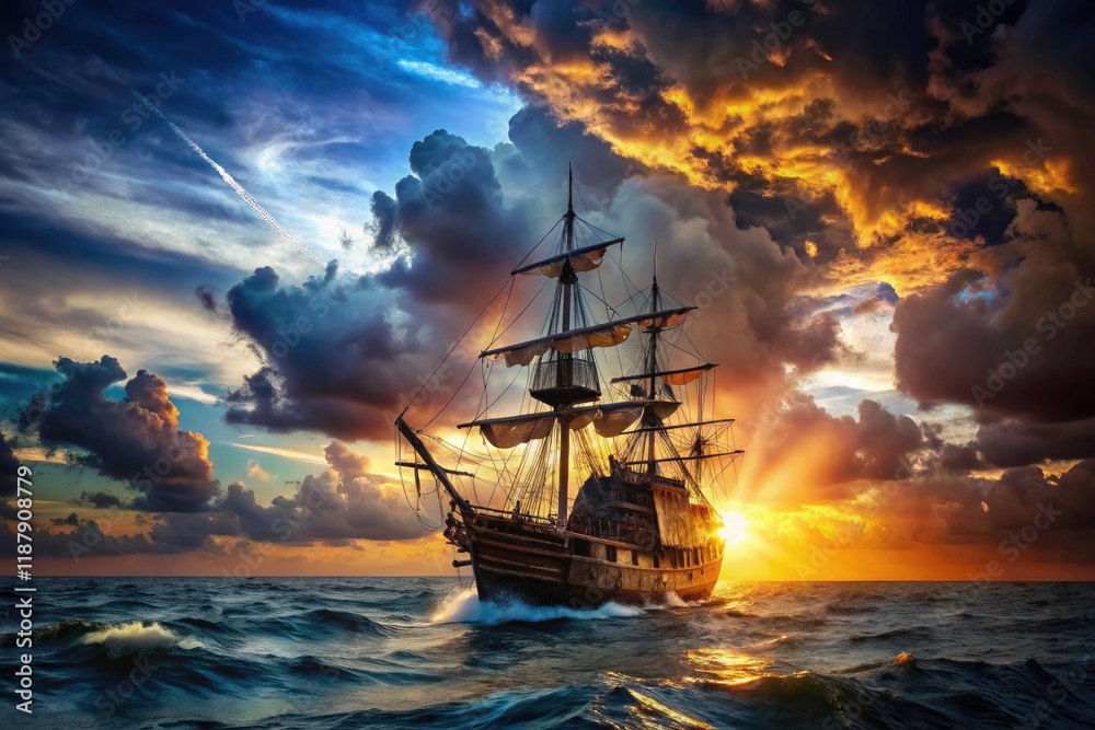 Fototapeta premium A pirate ship artwork unveils a high-seas adventure: ocean exploration, treasure hunt, and sailing in mysterious waters.