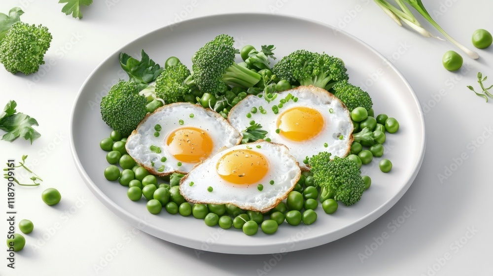 Three fried eggs served on a bed of peas and broccoli. Three fried eggs served on a bed of peas and broccoli.