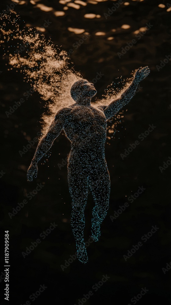 Obraz premium Futuristic Hologram Man Glowing Particles Digital Human Abstract Figure Technology As