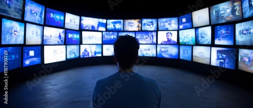 Man watching diverse screens, media wall, dark room. Stock photo photo