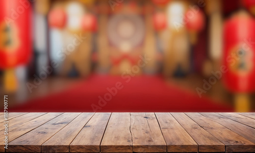 A vibrant and festive scene featuring glowing red Chinese lanterns hanging against a blurred traditional market backdrop, with a rustic wooden table in the foreground, celebrating the charm of Lunar N photo