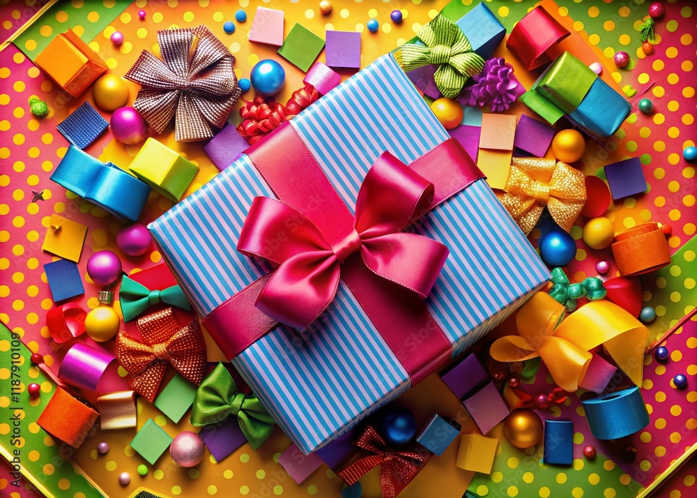 Open Gift Box Top View, Colorful Background - High-Resolution Stock Photo Open Gift Box Top View, Colorful Background - High-Resolution Stock Photo