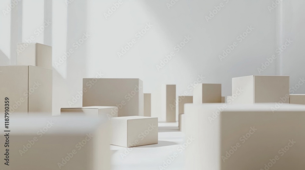 Minimalist beige cubes arranged in a bright room. Minimalist beige cubes arranged in a bright room.