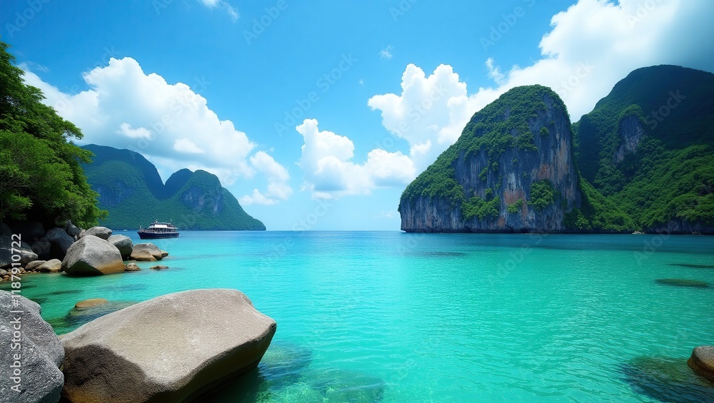 Fototapeta premium Tropical Island Paradise Boat Calm Waters Green Mountains