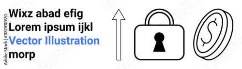 Illustration of a padlock, upward arrow, and coin. Ideal for finance security, data protection, growth, investment, cybersecurity access control digital currency. Landing page