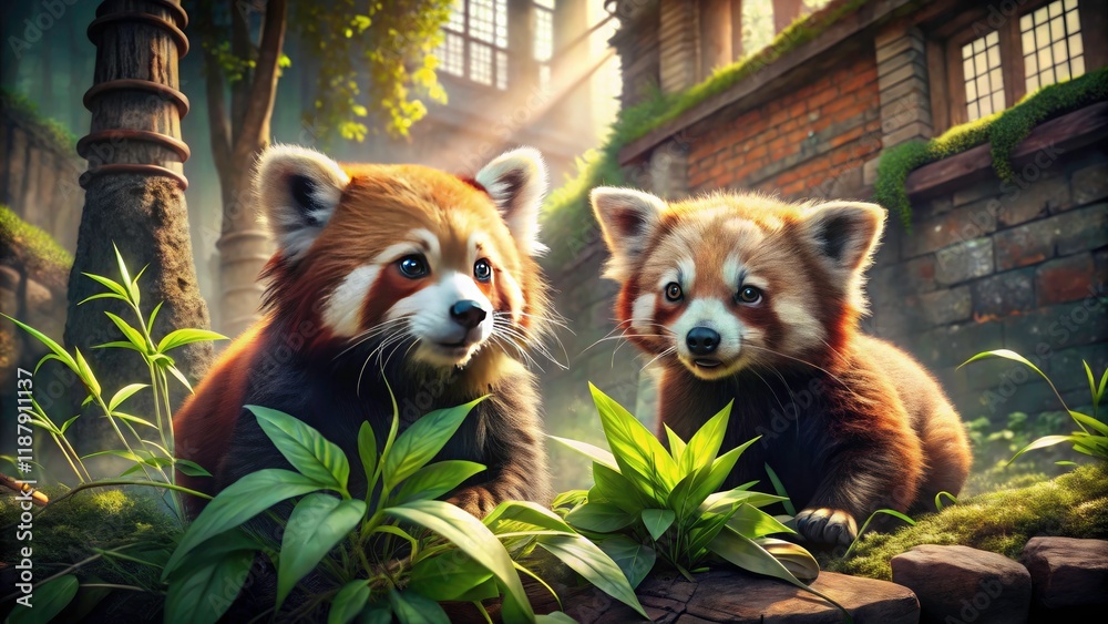 Cute red panda munches bamboo in an unexpected urban bamboo forest; a unique wildlife photography subject.