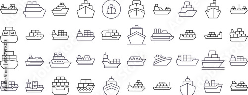 Collection of Ship Related Line Icons. Outline Signs for Graphic and Web Design, Apps, Adverts, Various Cards