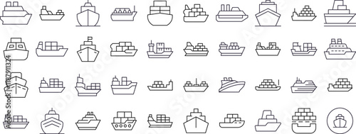 Set of Ship Related Line Icons. Outline Signs for Graphic and Web Design, Apps, Adverts, Various Cards