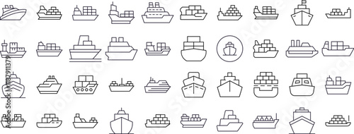 Pack of Ship Related Line Icons. Outline Signs for Graphic and Web Design, Apps, Adverts, Various Cards