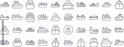 Ship Line Icon Collection. Outline Signs for Graphic and Web Design, Apps, Adverts, Various Cards