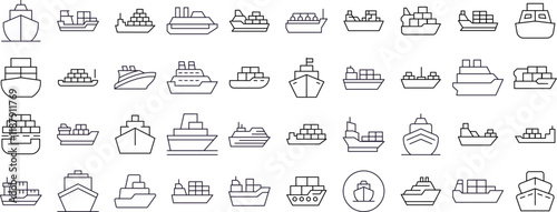 Ship Thin Line Icon Set. Outline Signs for Graphic and Web Design, Apps, Adverts, Various Cards