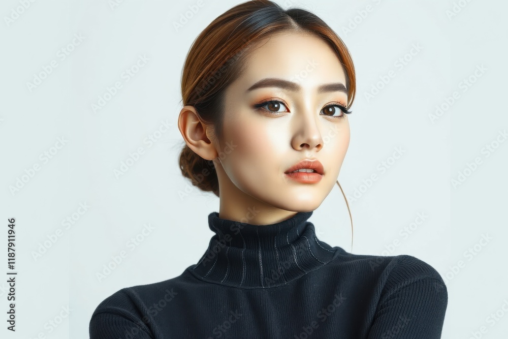Sophisticated young Asian woman in black turtleneck, confident studio portrait with modern elegance, ideal for fashion, branding, or lifestyle concepts. Sophisticated young Asian woman in black turtleneck, confident studio portrait with modern elegance, ideal for fashion, branding, or lifestyle concepts.