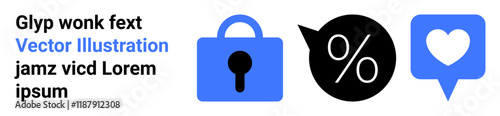 Blue lock for security, black percentage speech bubble, and blue heart message icon. Ideal for online security, marketing, social media, communication, privacy, encryption, and user interaction