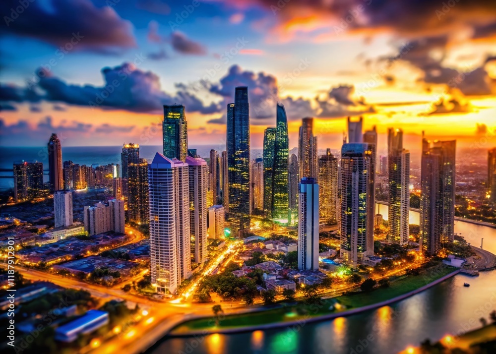 Panama City Skyline Aerial Night View, Tilt-Shift Miniature Cityscape, Sunset Glow Panama City Skyline Aerial Night View, Tilt-Shift Miniature Cityscape, Sunset Glow