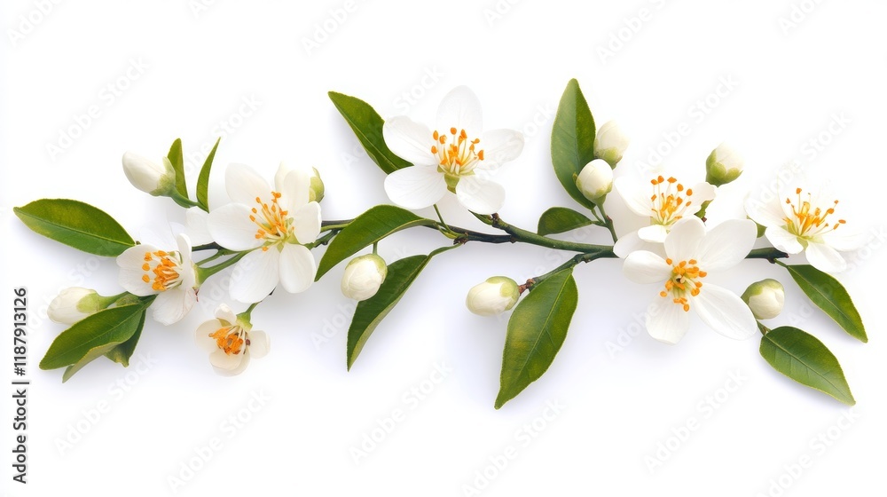 Obraz premium Orange blossom branch with flowers buds and leaves in the corner isolated on white Neroli citrus white bloom