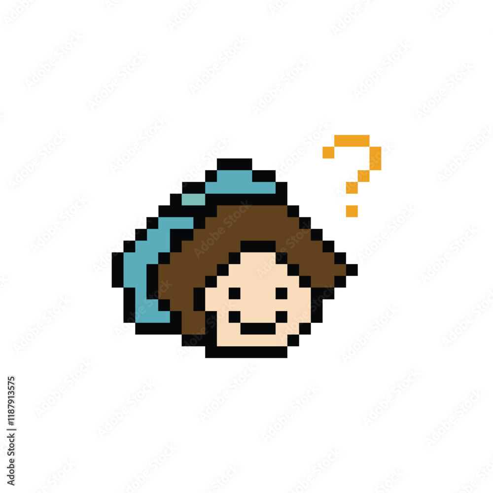 Obraz premium Cute pixel cartoon character woman with question mark decoration 8 bit female girl lady confused idea question mark think choose cartoon pixel game 8bit png vector.