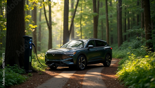 Dark green electric SUV charging in sunlit forest. Suitable for ecofriendly vehicle promotions, renewable energy, nature conservation, and sustainable living themes. photo