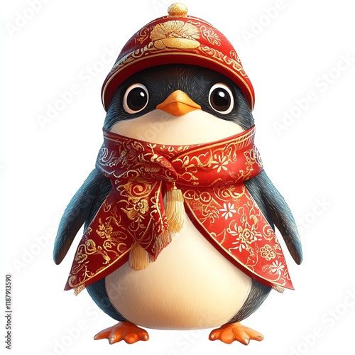 A cute cartoon penguin wearing a traditional scarf and hat, exuding charm and playfulness. photo