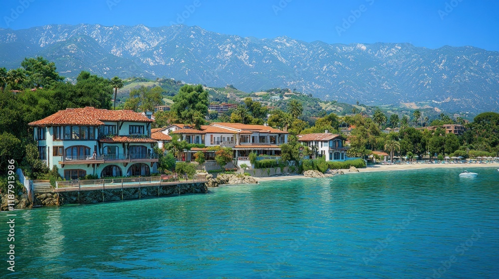 Fototapeta premium Coastal homes on beach with mountain view, sunny day.