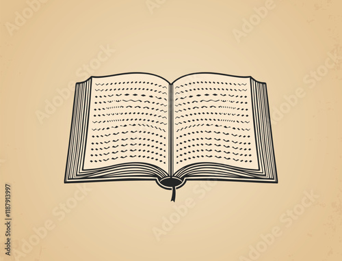 An open book vector sketch featuring a bookmark, placed on a vintage beige backdrop