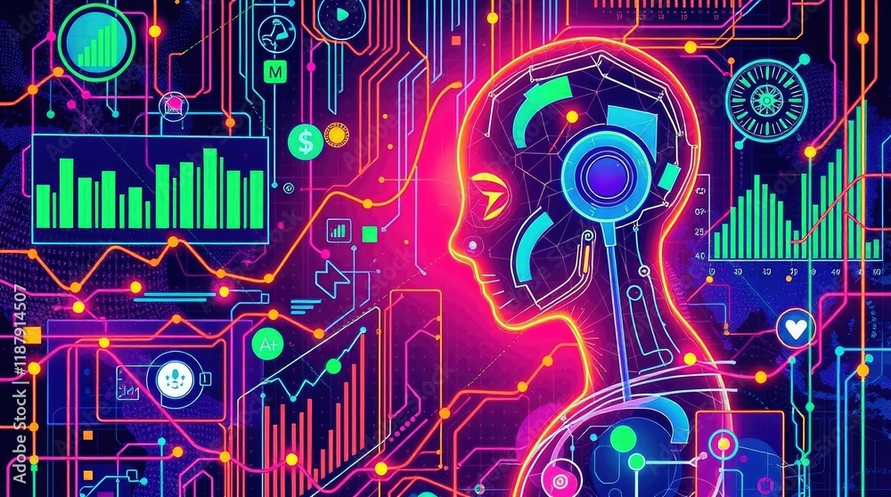 Fototapeta premium An electric-colored picture with vibrant colors and a dynamic composition that shows how AI is improving data analysis in the financial and medical fields-