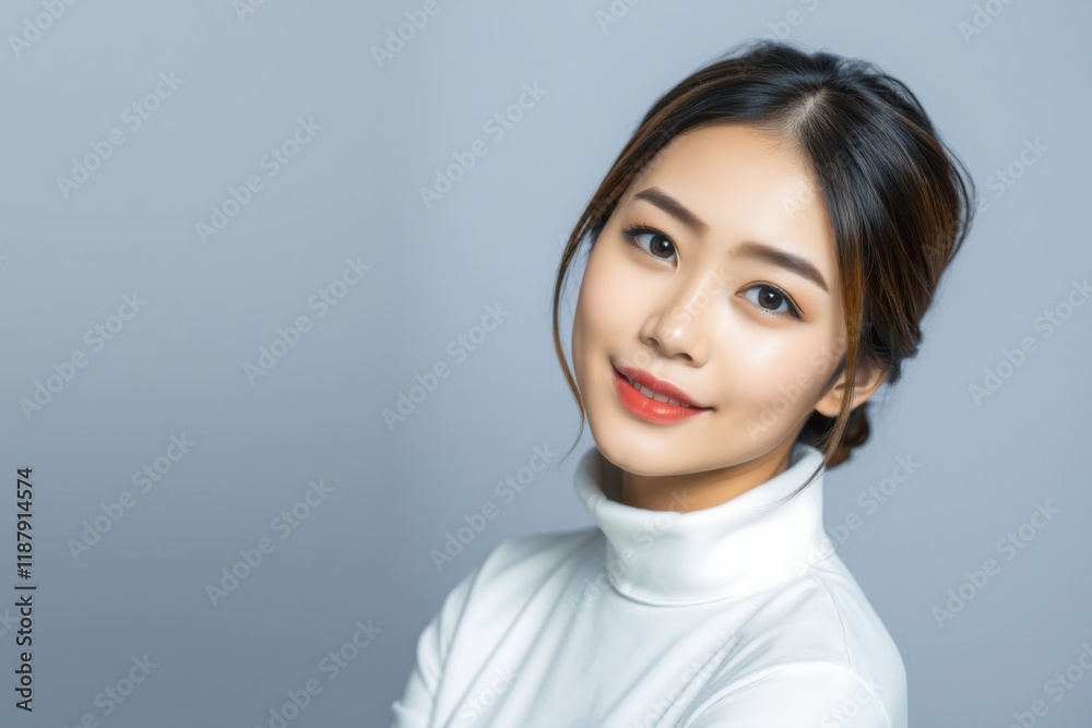 Smiling Asian woman in a white turtleneck with natural makeup and sleek hairstyle, professional studio portrait showcasing elegance, confidence, and modern style. Smiling Asian woman in a white turtleneck with natural makeup and sleek hairstyle, professional studio portrait showcasing elegance, confidence, and modern style.