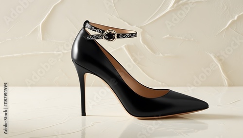 A white and silver high heeled shoe photo