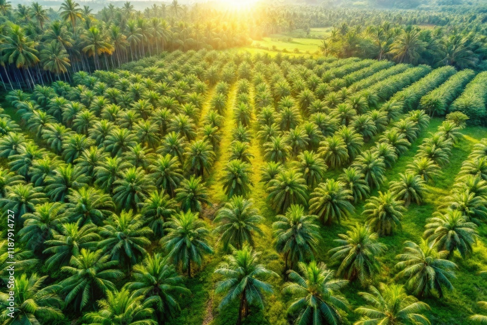 Fototapeta premium Drone captures lush palm oil plantation, showcasing sustainable tropical agriculture from above.